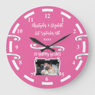 Silver Anniversary 25 years add names photo pink Large Clock