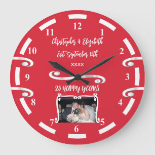 Silver Anniversary 25 years add names photo red Large Clock