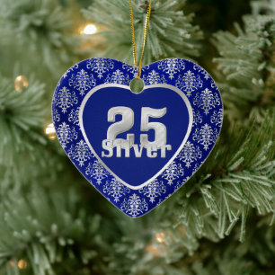 Silver Anniversary Damask on Blue Ceramic Tree Decoration