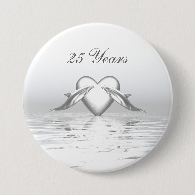 Silver Anniversary Dolphins and Heart 7.5 Cm Round Badge (Front)