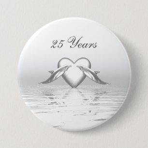 Silver Anniversary Dolphins and Heart 7.5 Cm Round Badge