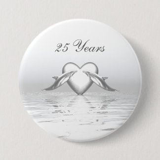 Silver Anniversary Dolphins and Heart 7.5 Cm Round Badge