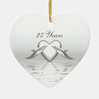 Silver Anniversary Dolphins and Heart Ceramic Tree Decoration