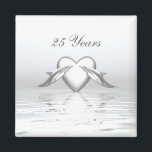 Silver Anniversary Dolphins and Heart Magnet<br><div class="desc">Magnet with a silver-coloured scene with two dolphins and a silver heart on shining waters. Customisable text says "25 Years".</div>