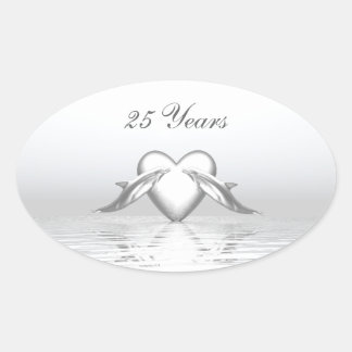Silver Anniversary Dolphins and Heart Oval Sticker