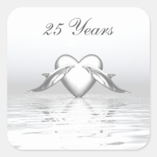 Silver Anniversary Dolphins and Heart Square Sticker