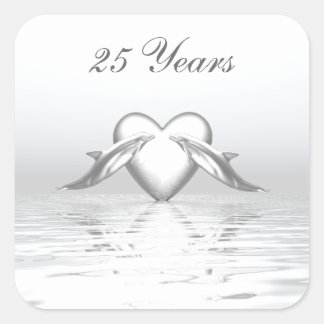 Silver Anniversary Dolphins and Heart Square Sticker