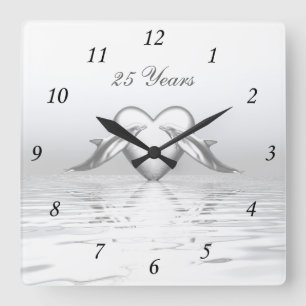 Silver Anniversary Dolphins and Heart Square Wall Clock