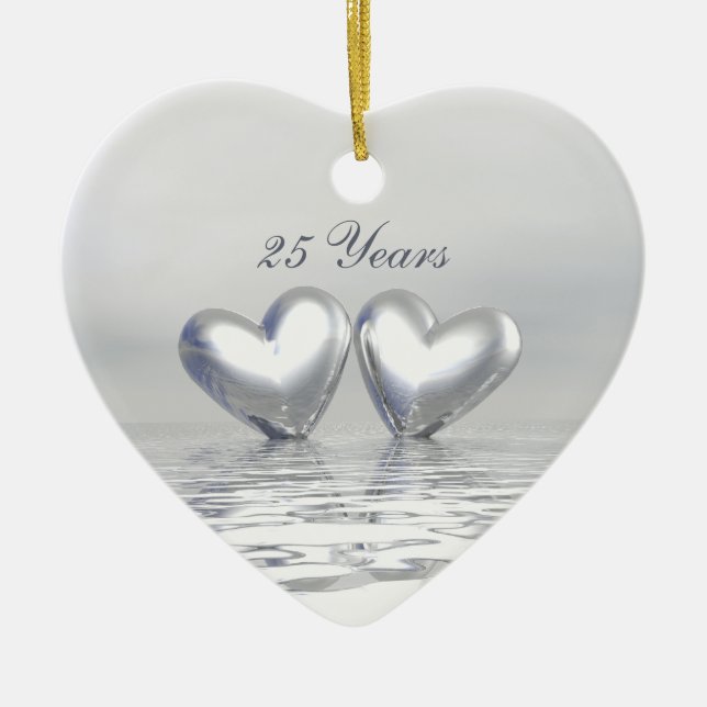Silver Anniversary Hearts Ceramic Tree Decoration (Front)