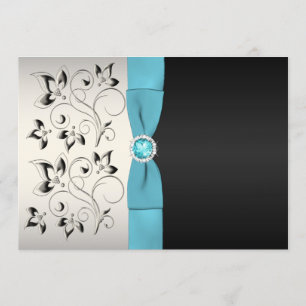 Silver, Aqua, and Black Floral Wedding Invitation