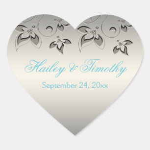 Silver, Aqua, Black Floral Heart Shaped Sticker