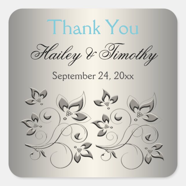 Silver, Aqua, Black Floral Thank You Sticker (Front)