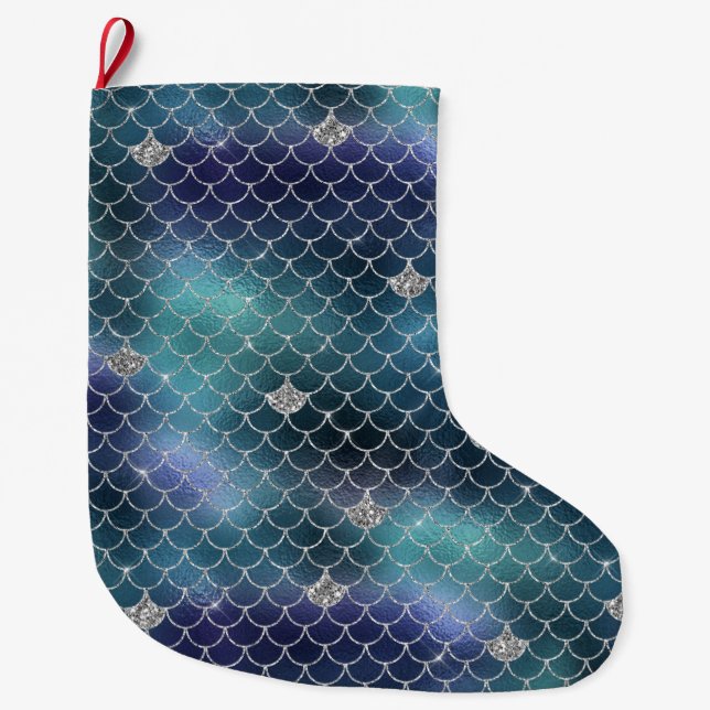 Silver Aqua Blue Mermaid Large Christmas Stocking (Front)