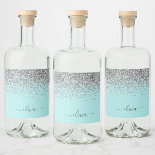 Silver Aqua Blue Teal Glitter Monogram Liquor Bottle Label