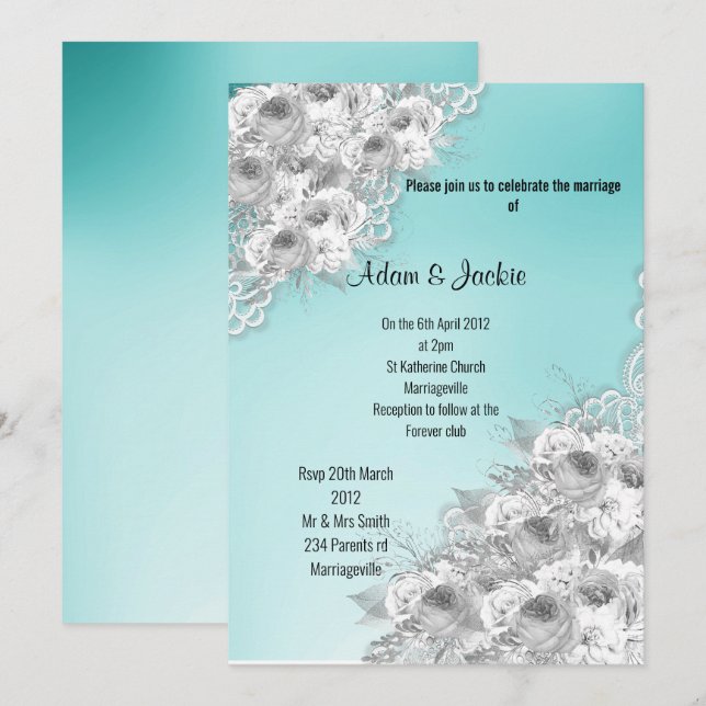 Silver Aqua Floral LACE ELEGANT MODERN WEDDING Invitation (Front/Back)