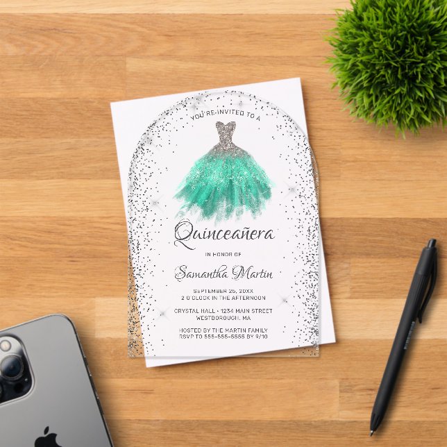 Silver Aqua Glitter Dress Quinceañera Party Acrylic Invitations (Insitu (Invitation Card))