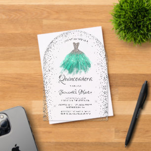 Silver Aqua Glitter Dress Quinceañera Party Acrylic Invitations