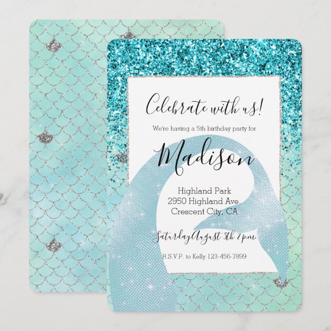 Silver Aqua Glitter Mermaid Watercolor Invitation (Front/Back)