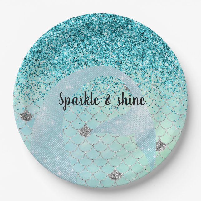 Silver Aqua Glitter Mermaid Watercolor Paper Plate (Front)