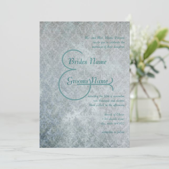 Silver Aqua Grunge Damask  Wedding Invitation (Standing Front)