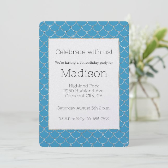 Silver Aqua Mermaid Birthday Invitation (Standing Front)