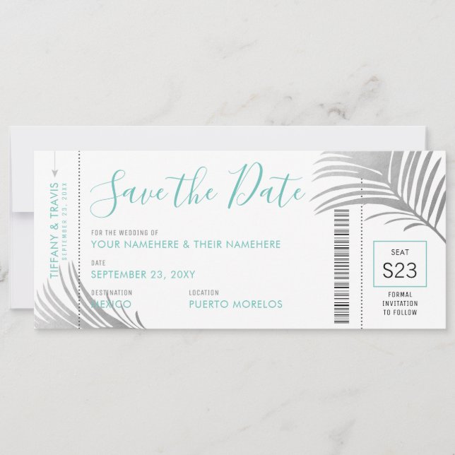 Silver Aqua Palm Tree Boarding Pass Save Date Card (Front)