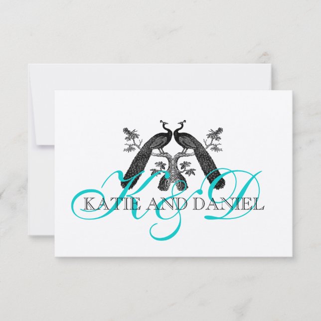 Silver Aqua Peacock Wedding RSVP Card (Front)