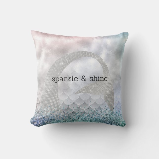 Silver Aqua Pink Purple Glitter Sparkle Mermaid Cushion (Front)