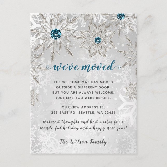 Silver Aqua Snowflakes Holiday Moving Announcement Postcard (Front)