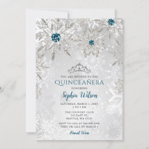 Silver Aqua Snowflakes Tiara Quinceañera  Invitation