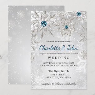 silver aqua snowflakes winter wedding invitation