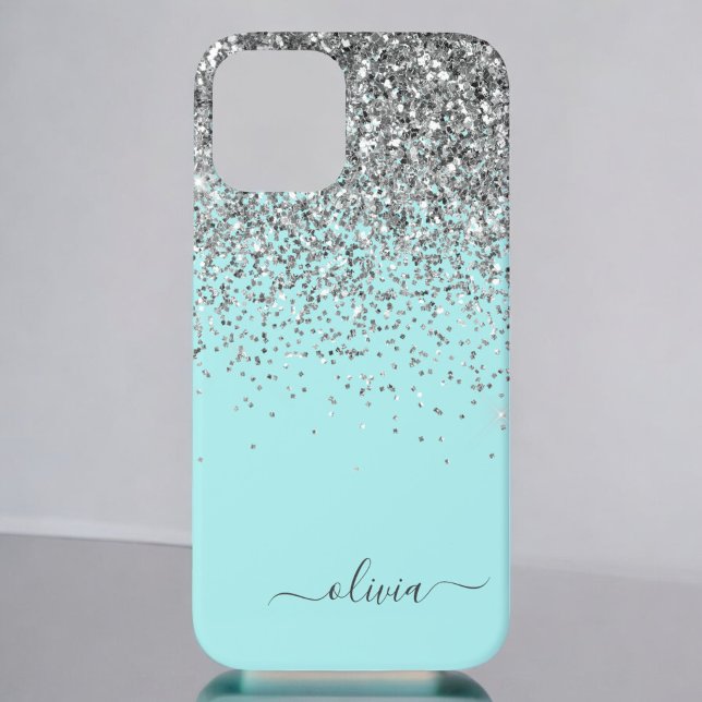 Silver Aqua Teal Blue Girly Glitter Monogram Case- Case-Mate iPhone Case (Creator Uploaded)