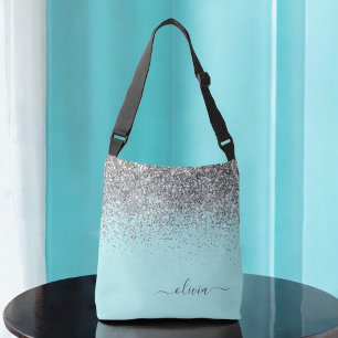 Silver Aqua Teal Blue Girly Glitter Monogram Crossbody Bag