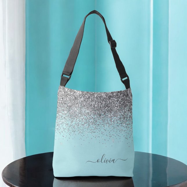 Silver Aqua Teal Blue Girly Glitter Monogram Crossbody Bag (Creator Uploaded)