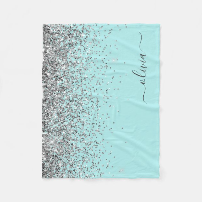 Silver Aqua Teal Blue Girly Glitter Monogram Fleece Blanket (Front)