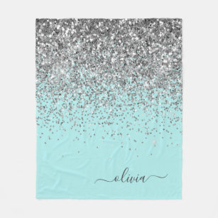 Silver Aqua Teal Blue Girly Glitter Monogram Fleece Blanket