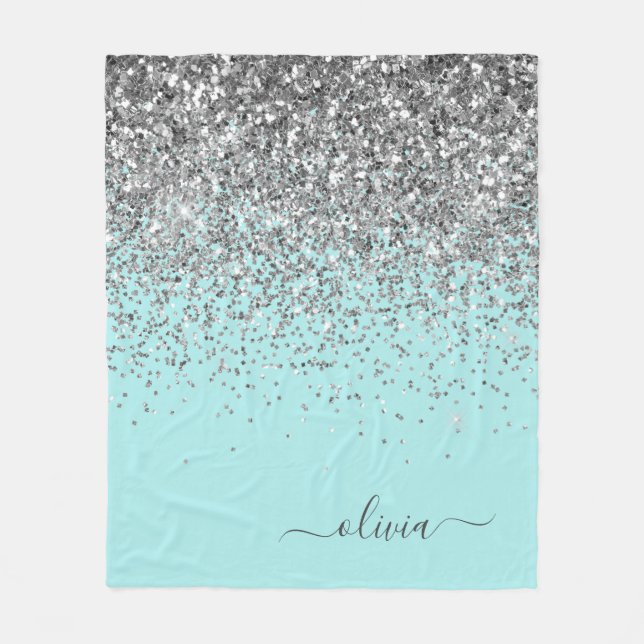 Silver Aqua Teal Blue Girly Glitter Monogram Fleece Blanket (Front)