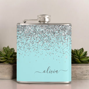 Silver Aqua Teal Blue Girly Glitter Monogram Hip Flask