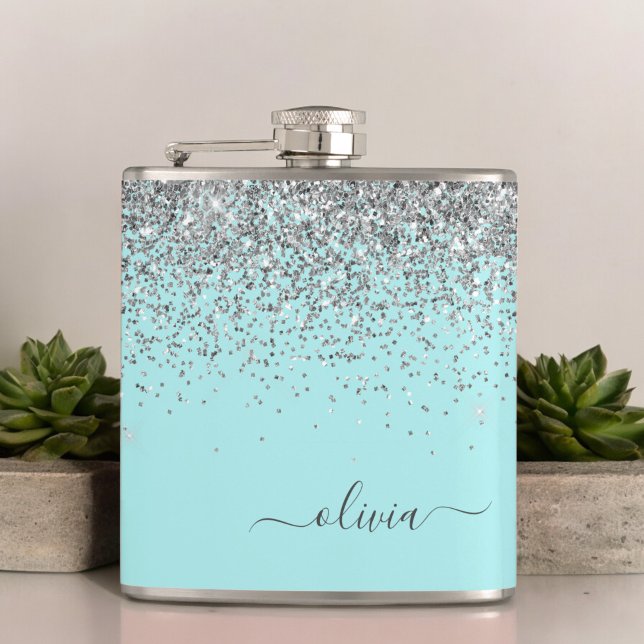 Silver Aqua Teal Blue Girly Glitter Monogram Hip Flask (Creator Uploaded)