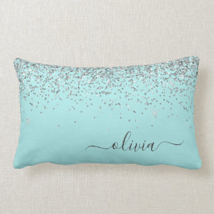 Silver Aqua Teal Blue Girly Glitter Monogram Lumbar Cushion