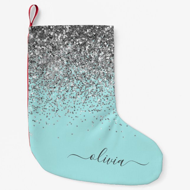 Silver Aqua Teal Blue Girly Glitter Monogram Small Christmas Stocking (Front)