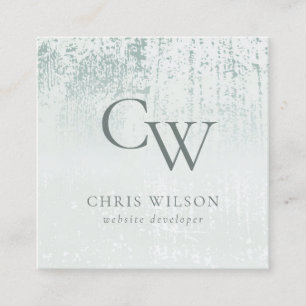 Silver Aqua Teal Brushed Metallic Monogram Initial Square Business Card