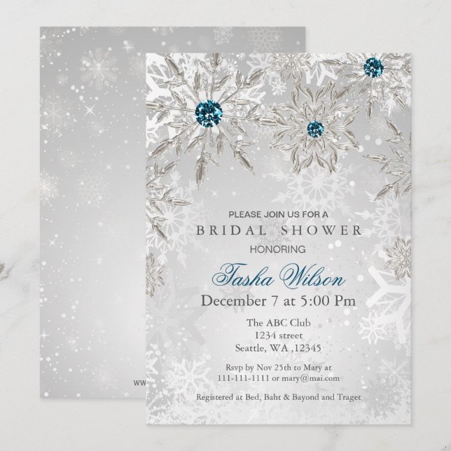 silver aqua Winter Bridal Shower Invite (Front/Back)