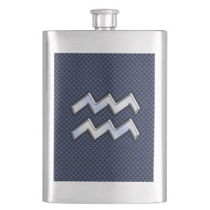 Silver Aquarius Sign on Navy Blue Carbon Fibre Art Hip Flask