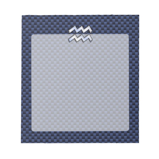 Silver Aquarius Sign on Navy Blue Carbon Fibre Art Notepad (Front)