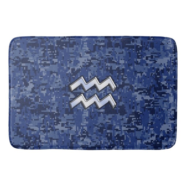 Silver Aquarius Zodiac Sign Navy Blue Digital Camo Bath Mat (Front)