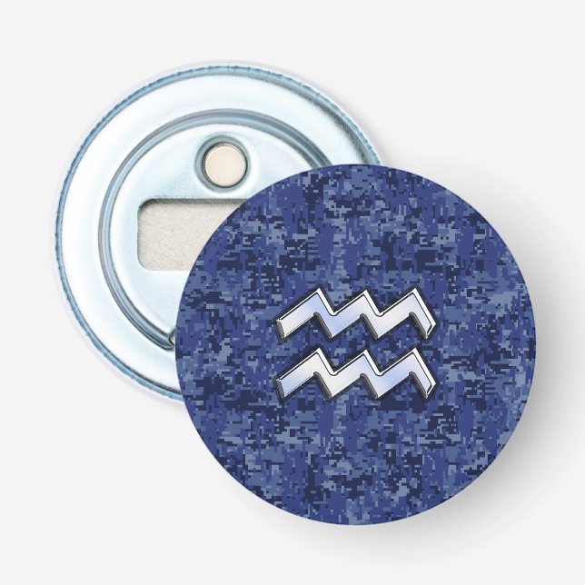 Silver Aquarius Zodiac Sign Navy Blue Digital Camo Bottle Opener (Front)
