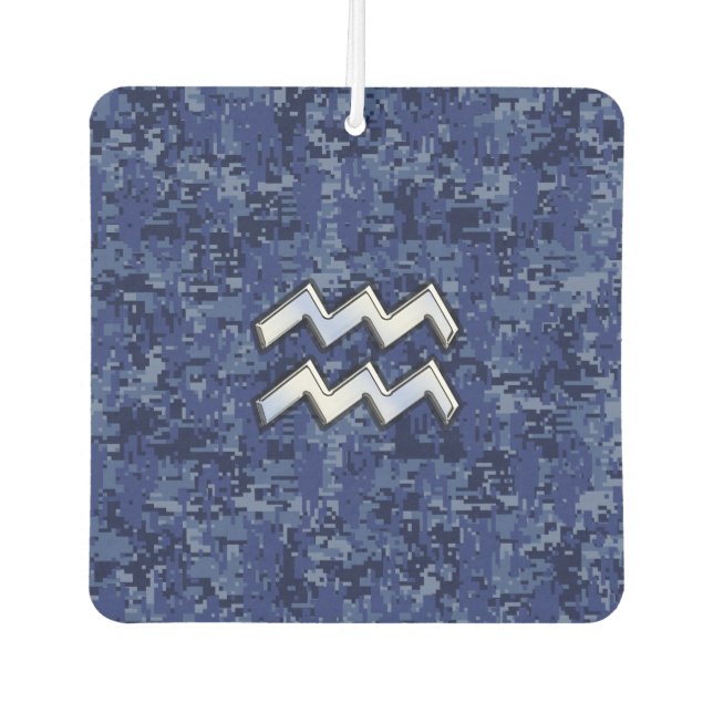 Silver Aquarius Zodiac Sign Navy Blue Digital Camo Car Air Freshener (Front)