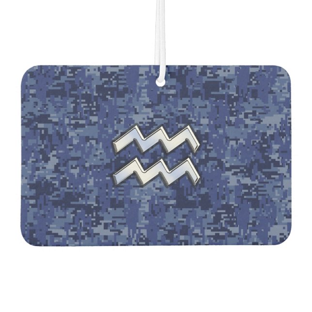 Silver Aquarius Zodiac Sign Navy Blue Digital Camo Car Air Freshener (Front)