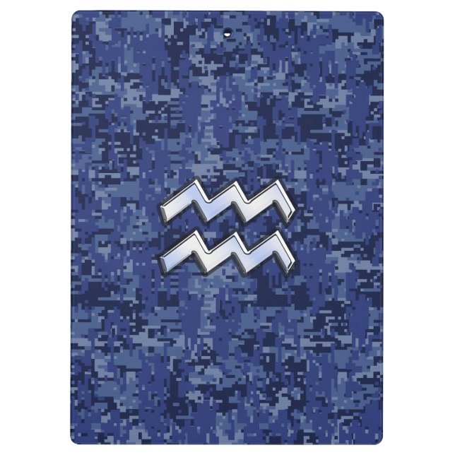 Silver Aquarius Zodiac Sign Navy Blue Digital Camo Clipboard (Back)